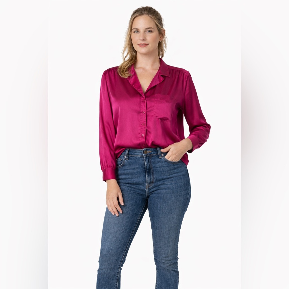 VTG Jones New York Silk Button Down Shirt Hot Pink Long Sleeve Collared‎ Size 4